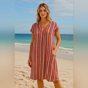 St Johns Bay Striped Linen Blend Shift Dress‎ Beachy Coastal Vacation Relaxed